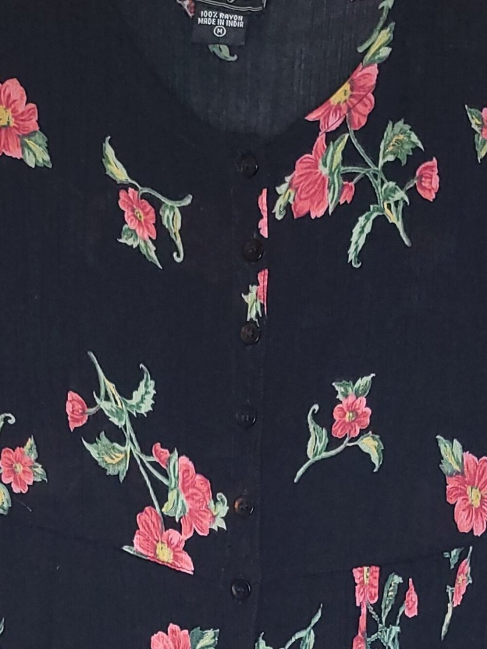 Nostalgia Floral Rayon Sleeveless Button Front Dress Black Red Roses Medium Boho - Picture 2 of 5